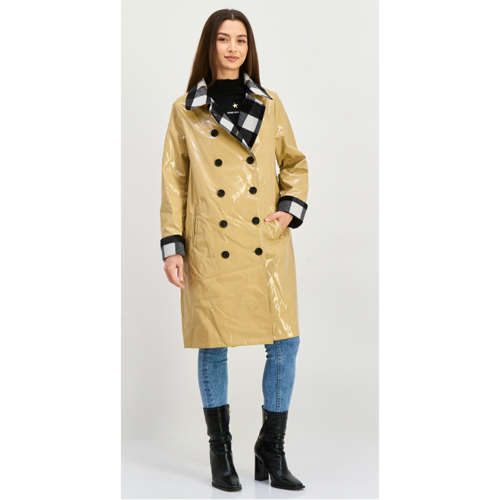 Jane Post Beige Double Breasted Buffalo Trim Rain Slicker Coat Raincoat Jacket M